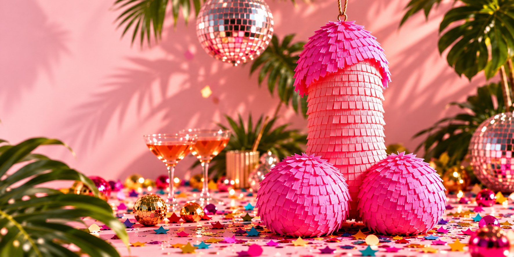 Finished pink Peenyada piñata staged with disco balls, tropical leaves, cocktails and confetti